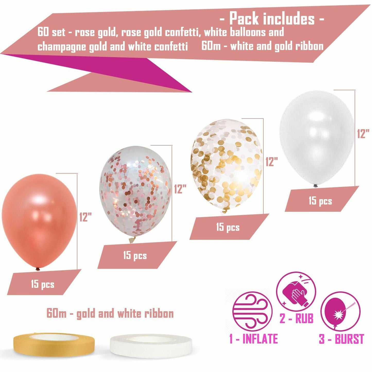 Dandy Decor 60 Pack 12in Rose Gold White Confetti Balloons with Ribbon