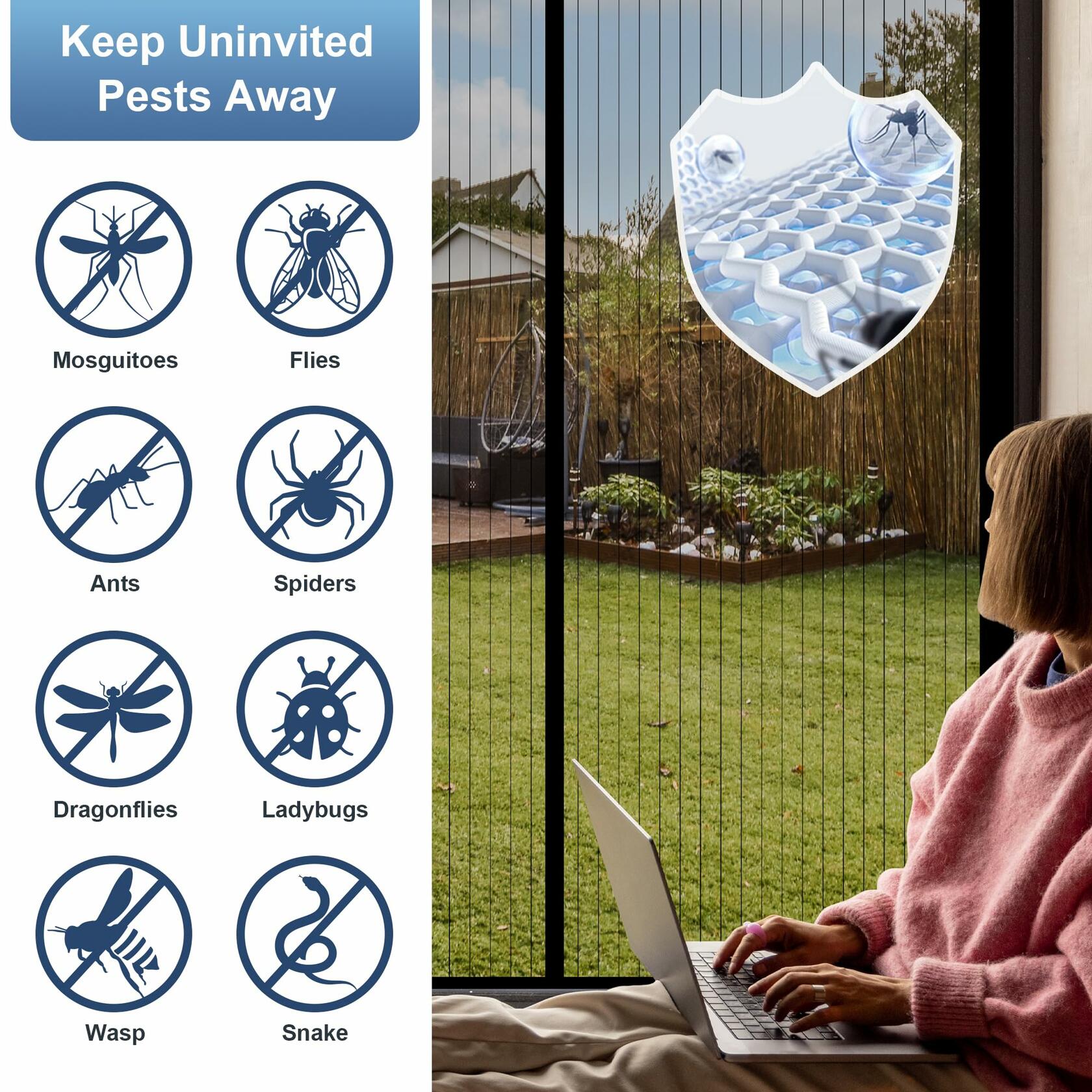Magnetic Screen Door Mesh Black Fits Door Size 34x82, Screen 36x83 Inch