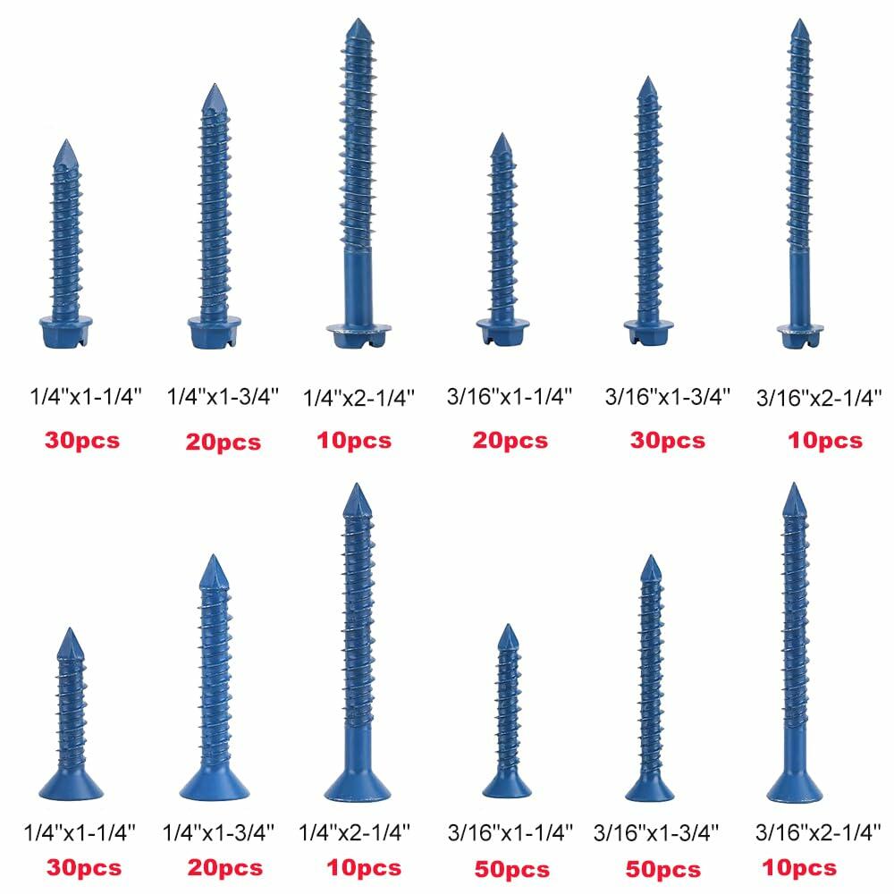 290PCS Concrete Screws 12 Sizes Flat & Hex Head Masonry Anchors 1.25"-2.25"