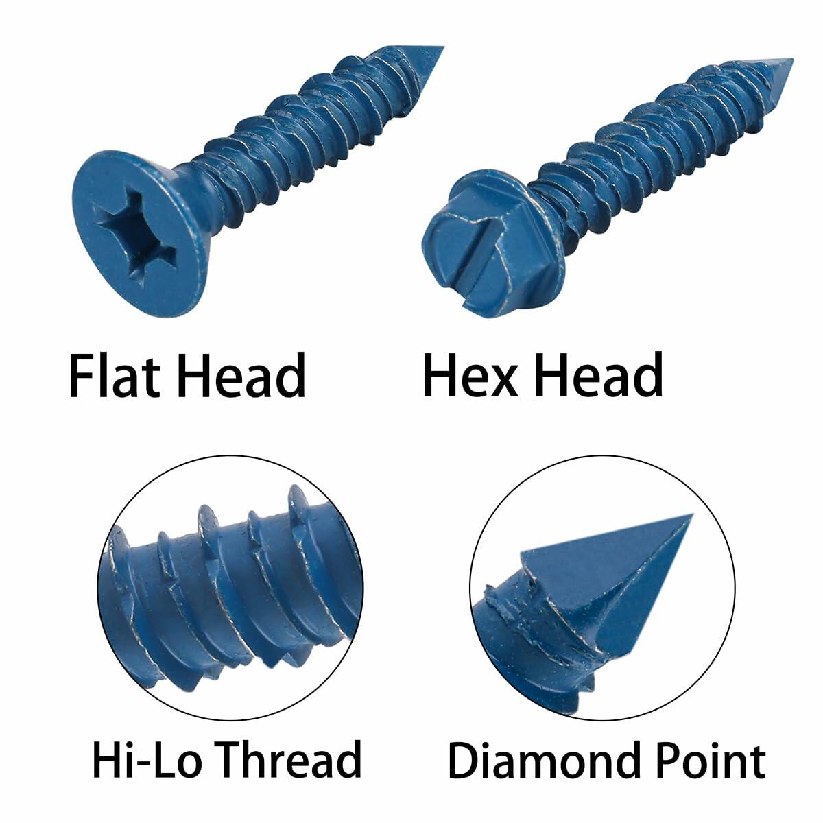290PCS Concrete Screws 12 Sizes Flat & Hex Head Masonry Anchors 1.25"-2.25"