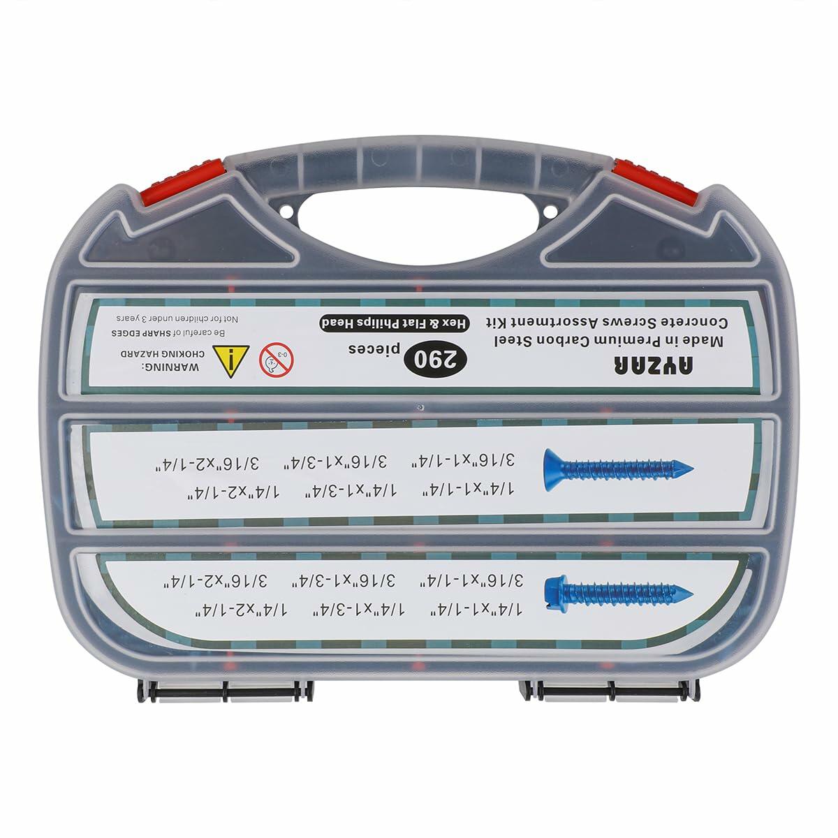 290PCS Concrete Screws 12 Sizes Flat & Hex Head Masonry Anchors 1.25"-2.25"