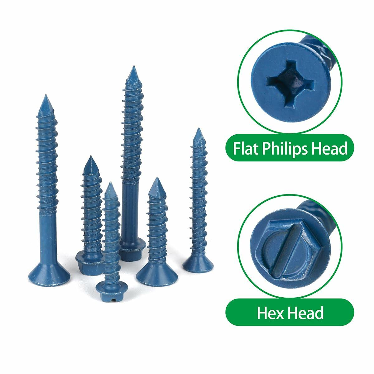 290PCS Concrete Screws 12 Sizes Flat & Hex Head Masonry Anchors 1.25"-2.25"
