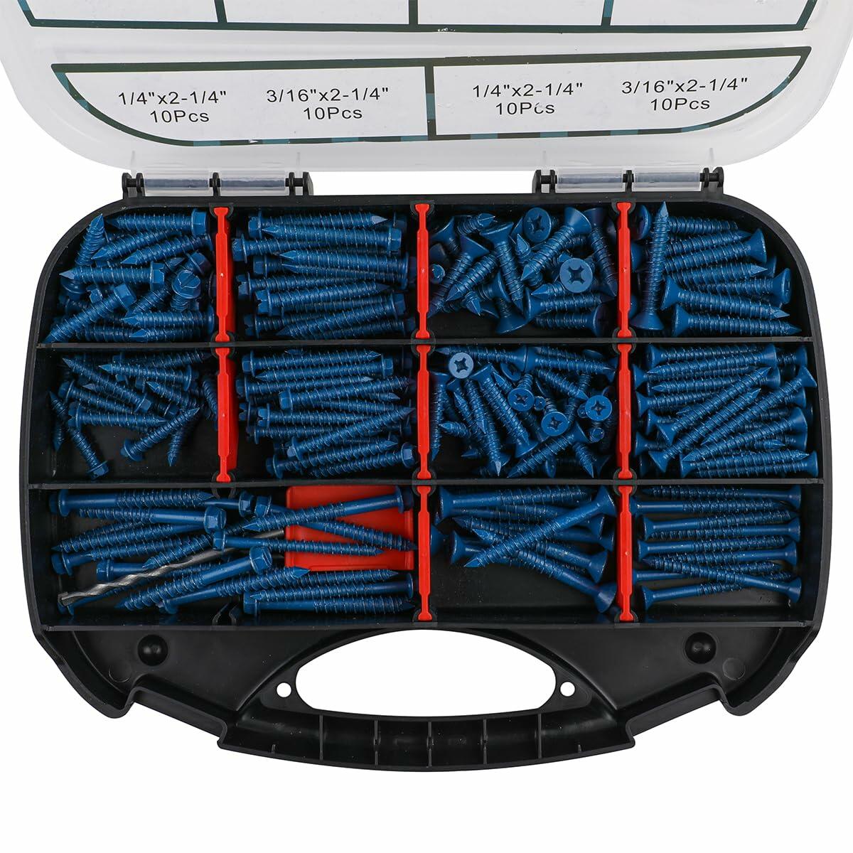 290PCS Concrete Screws 12 Sizes Flat & Hex Head Masonry Anchors 1.25"-2.25"