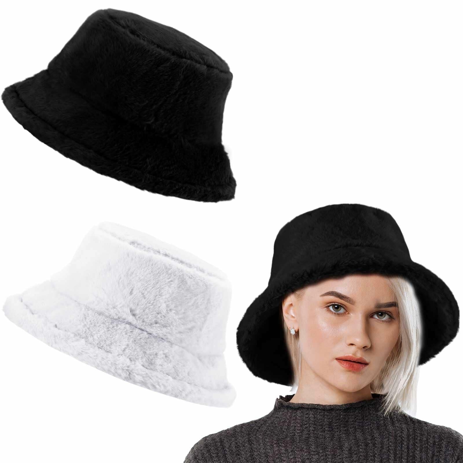 Cozypower 2 Pcs XXL Winter Faux Fur Bucket Hat Unisex Black White