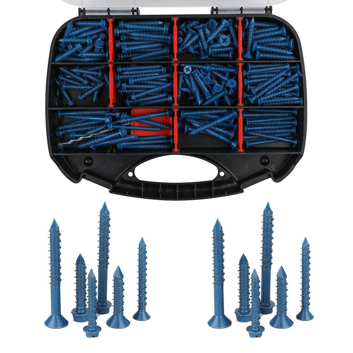 290PCS Concrete Screws 12 Sizes Flat & Hex Head Masonry Anchors 1.25"-2.25"