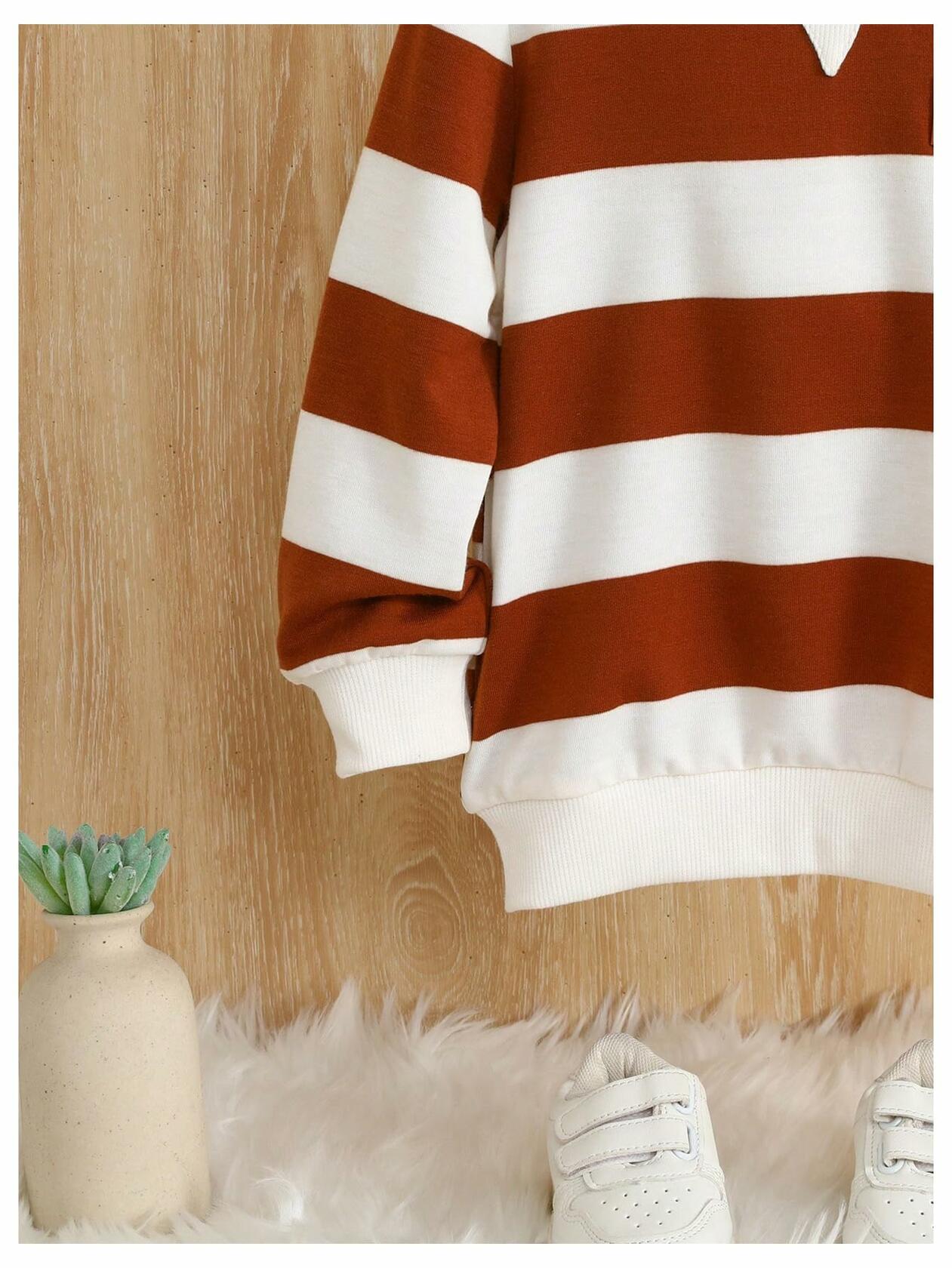 Verdusa Boy's Stripe Print Letter Patchwork Pullover Sweatshirt Brown Size 7Y