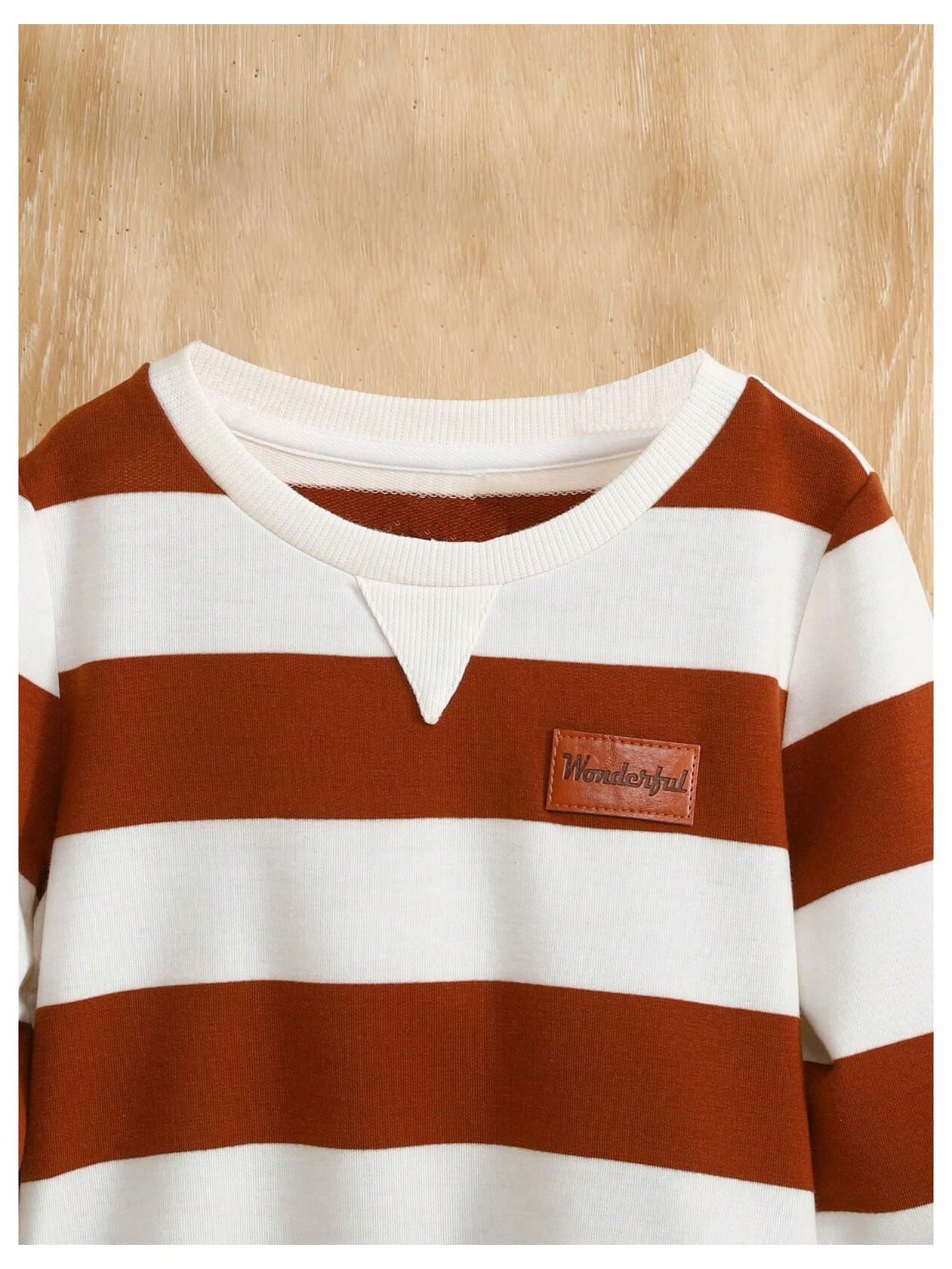 Verdusa Boy's Stripe Print Letter Patchwork Pullover Sweatshirt Brown Size 7Y