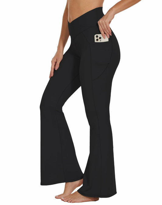 Flare Crossover Leggings with Pockets High Waisted Yoga Pants Black XS