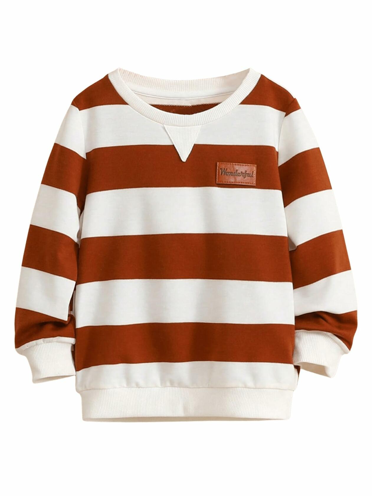 Verdusa Boy's Stripe Print Letter Patchwork Pullover Sweatshirt Brown Size 7Y