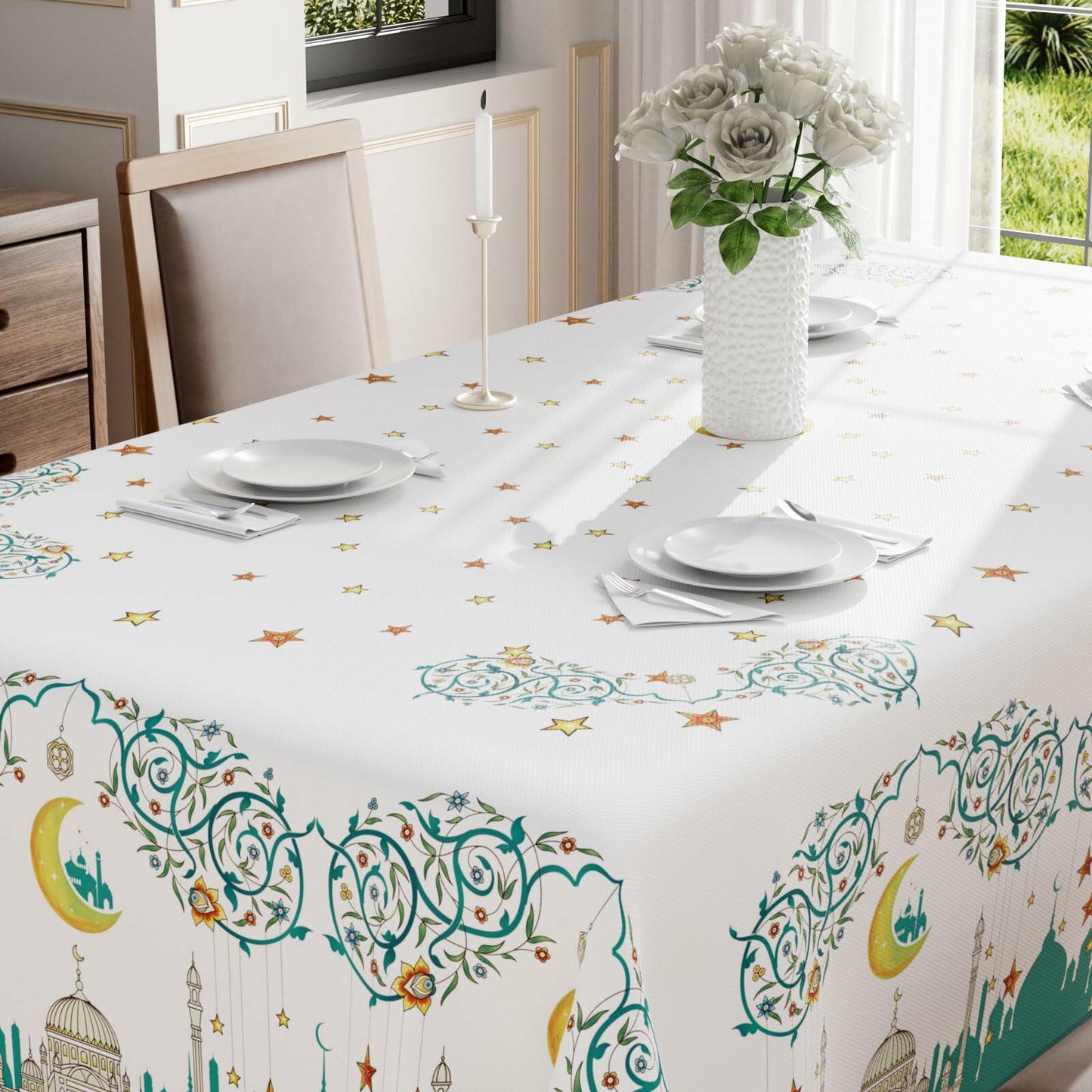 BOTB LIHM Eid Al-Fitr Ramadan Tablecloth 60x84" Stars & Moons Rectangle