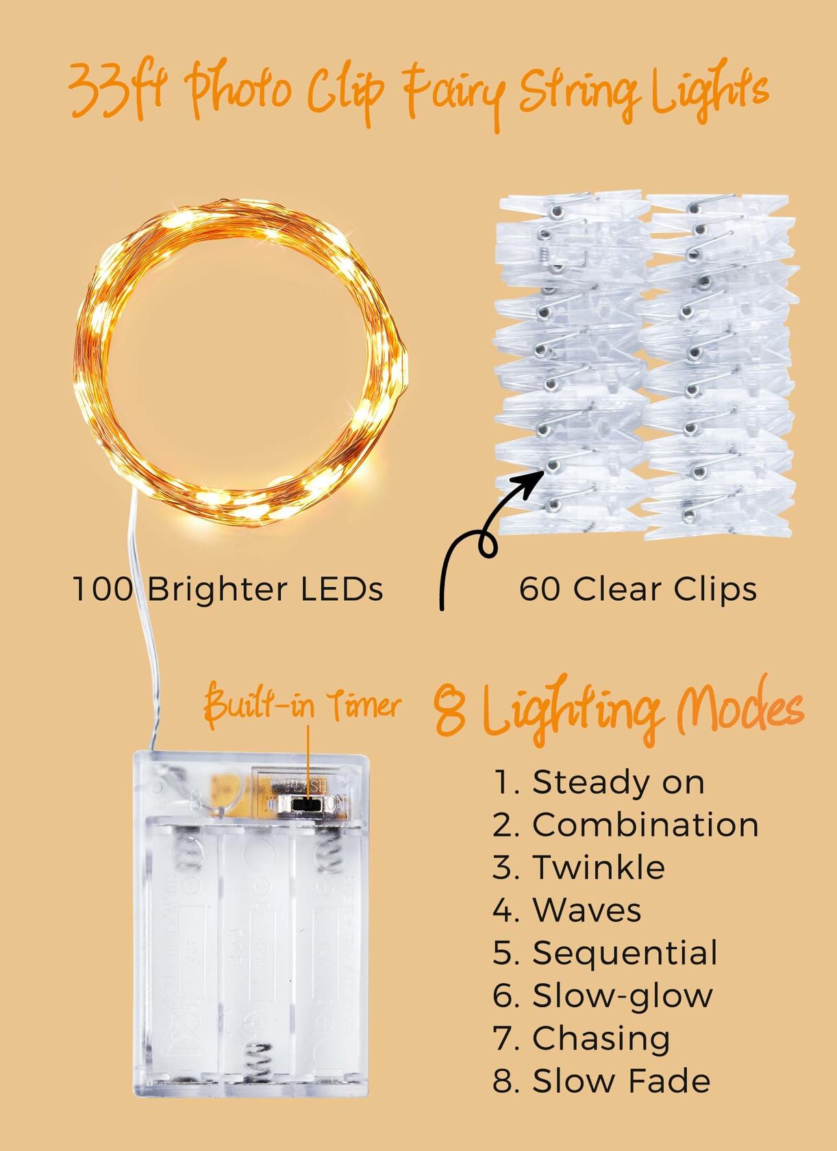 Fairy Lights with Clips 33ft 100LED Battery Operated String Lights Timer