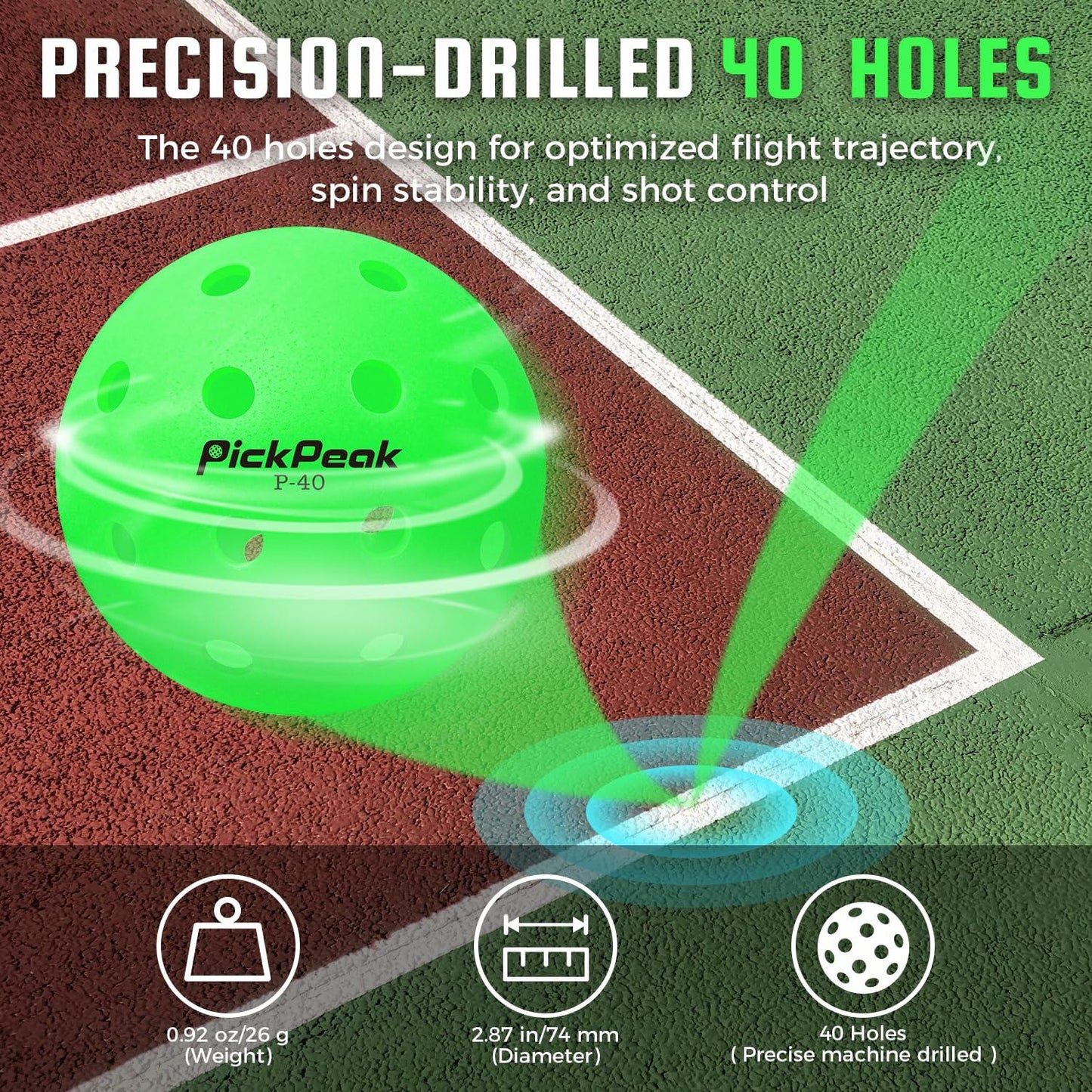 PickPeak Pickleball Balls USAPA Approved 4 or 12 Pack Outdoor P-40 Green