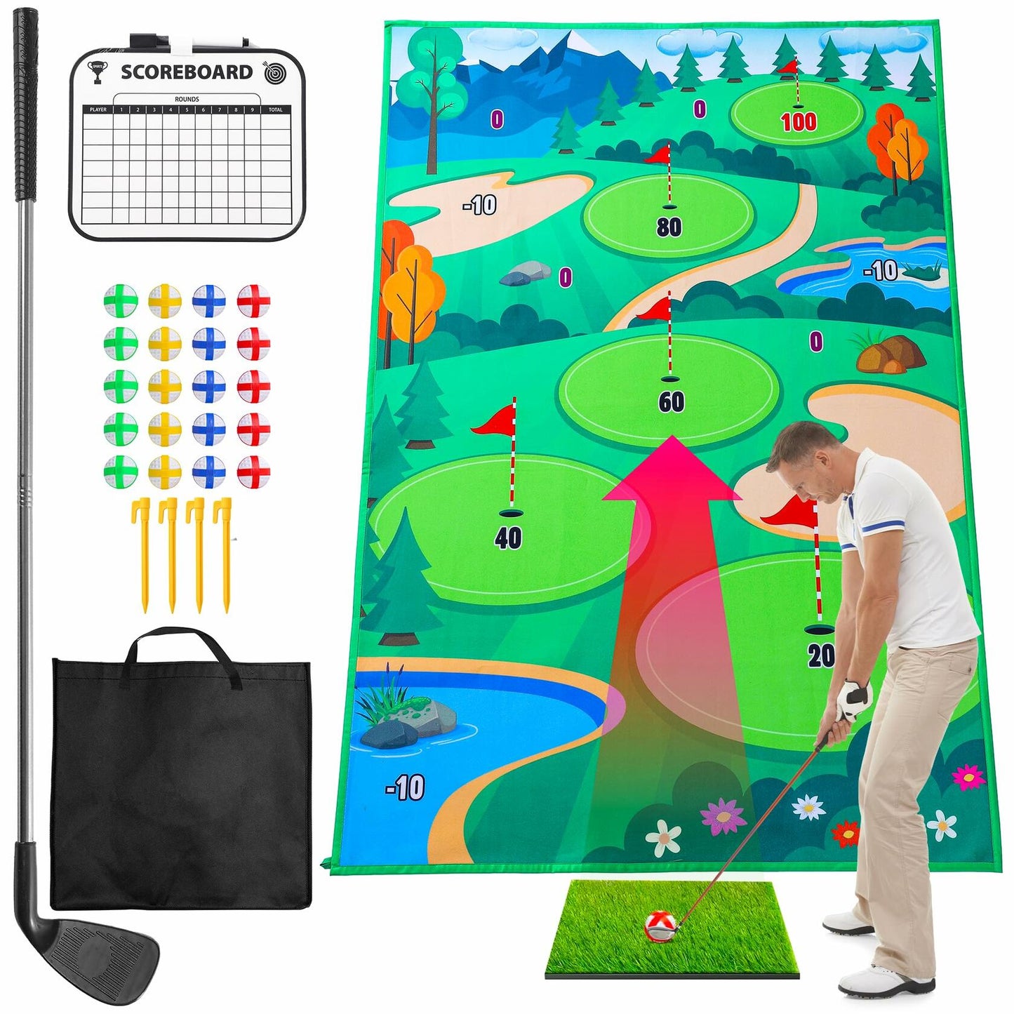 Ecozen Golf Chipping Game Set with Turf Mat Club Balls Carry Bag