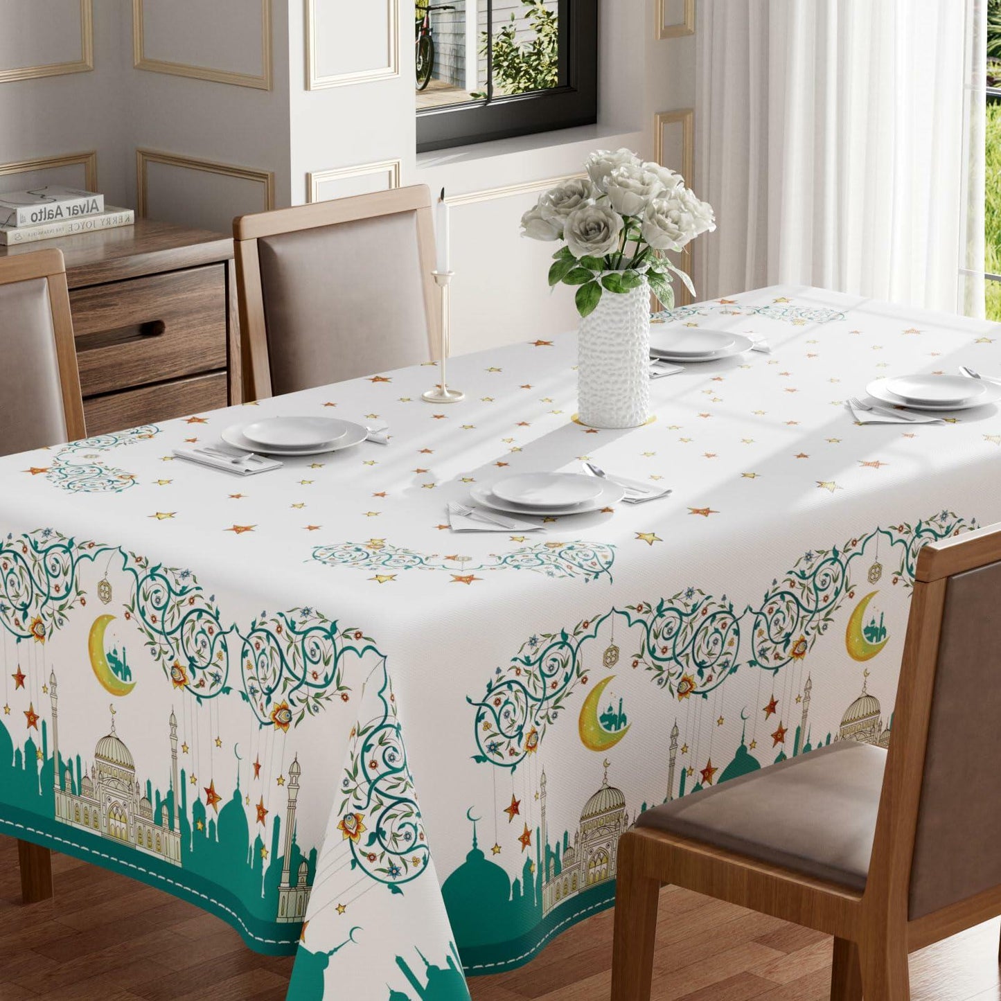 BOTB LIHM Eid Al-Fitr Ramadan Tablecloth 60x84" Stars & Moons Rectangle