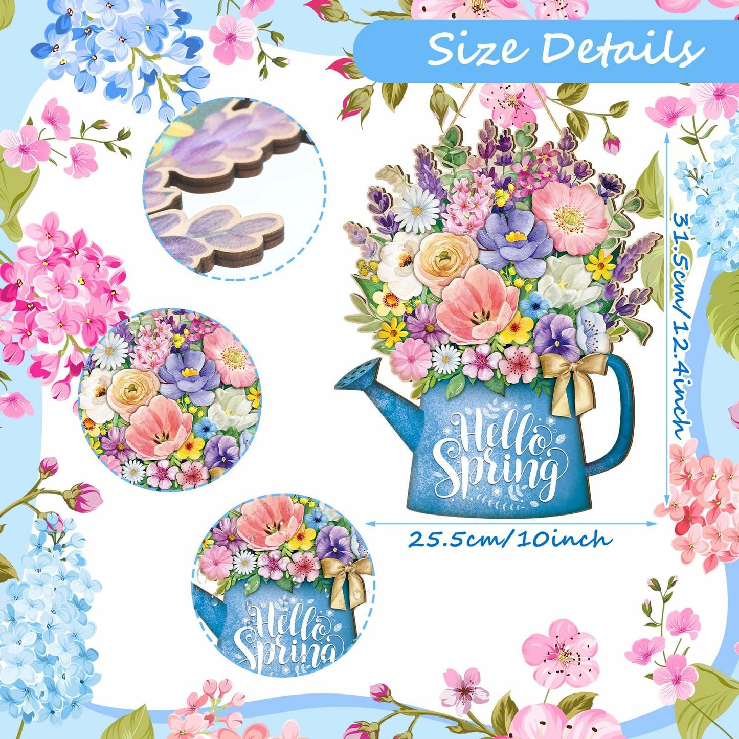 Spring Door Decor Wreath 12.4x10in Hello Spring Wooden Porch Sign