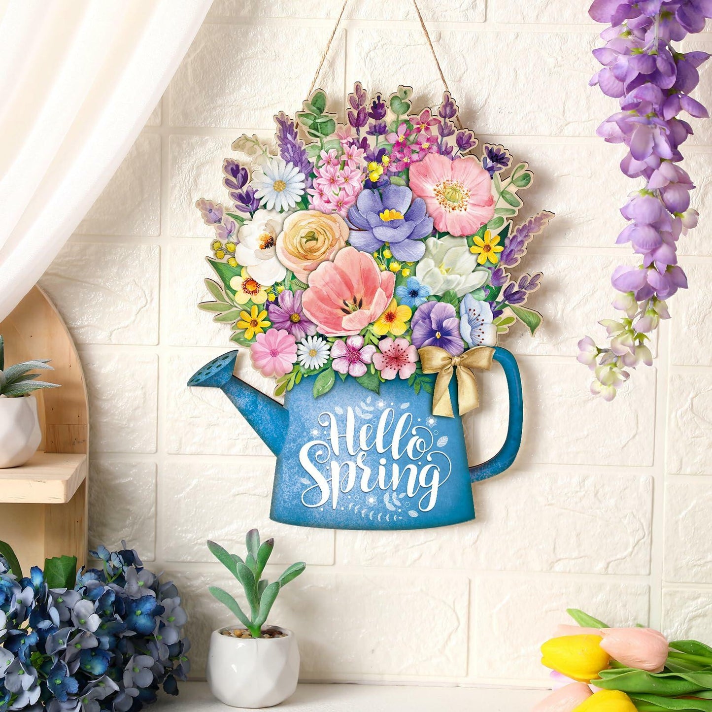 Spring Door Decor Wreath 12.4x10in Hello Spring Wooden Porch Sign