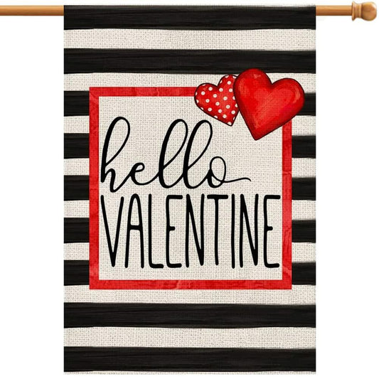 Hello Valentine Watercolor Stripes House Flag Love Heart 28x40 Inch Burlap