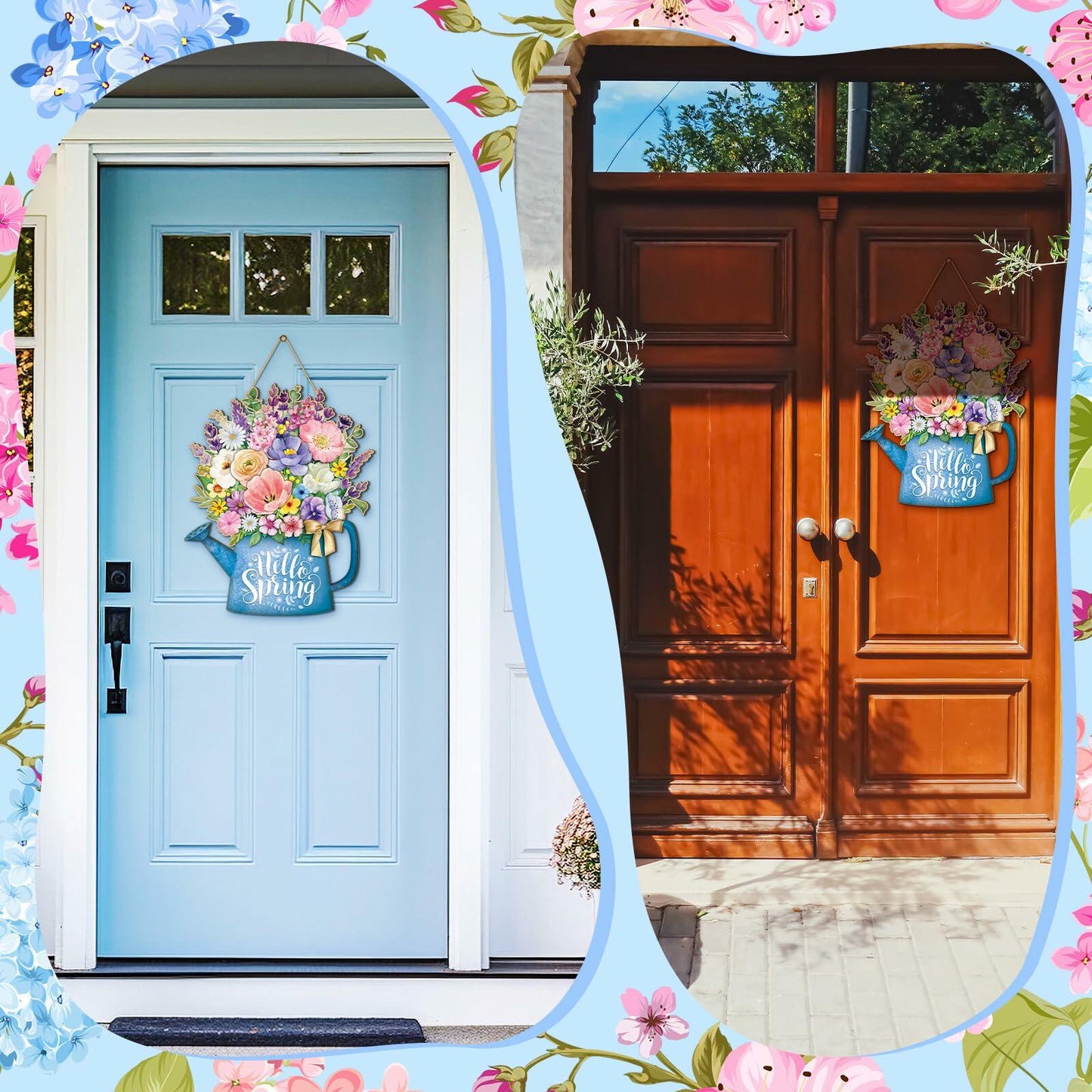 Spring Door Decor Wreath 12.4x10in Hello Spring Wooden Porch Sign