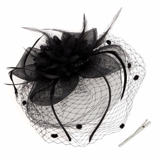 Hotalisona Women's Feather Tulle Fascinator Hat Black Tea Party Headband Clip