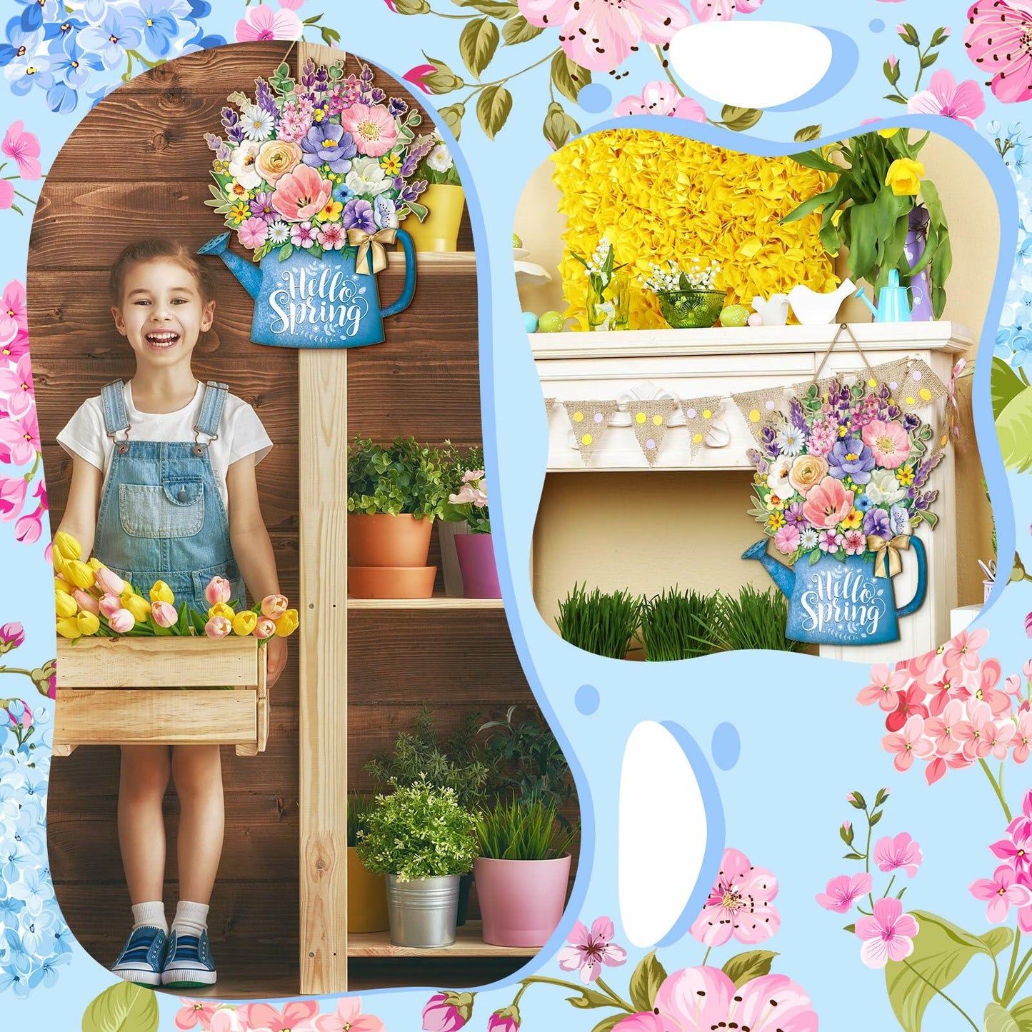 Spring Door Decor Wreath 12.4x10in Hello Spring Wooden Porch Sign