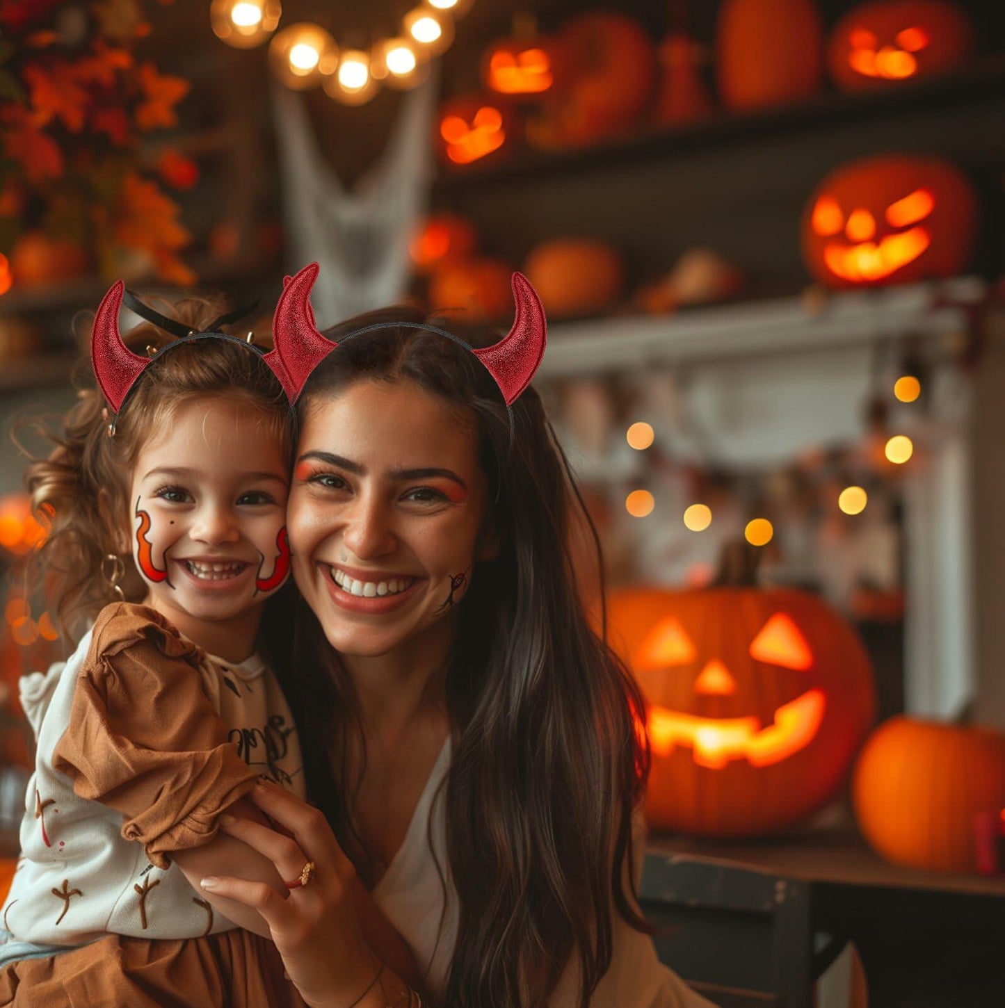 Voiiake Red Devil Horns Headband & Fishnet Thigh High Stockings Set