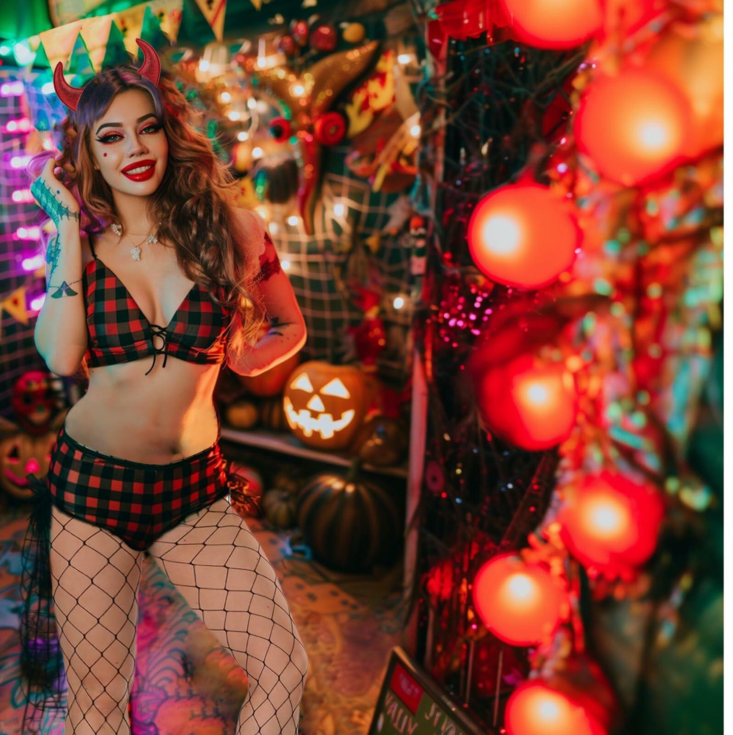 Voiiake Red Devil Horns Headband & Fishnet Thigh High Stockings Set