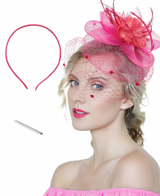 Kidukso Fascinators Hat Vintage 1923s Derby Mesh Veil Feathers Rose Red