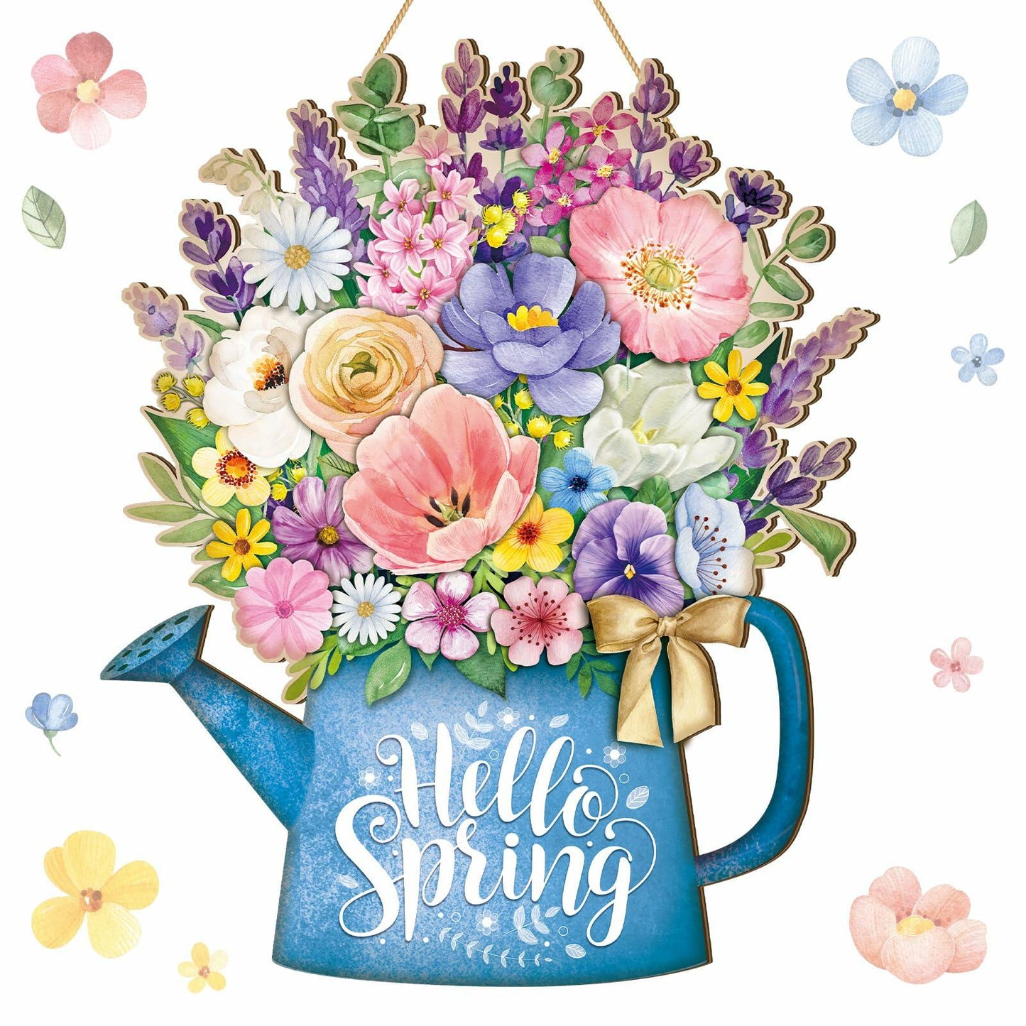 Spring Door Decor Wreath 12.4x10in Hello Spring Wooden Porch Sign