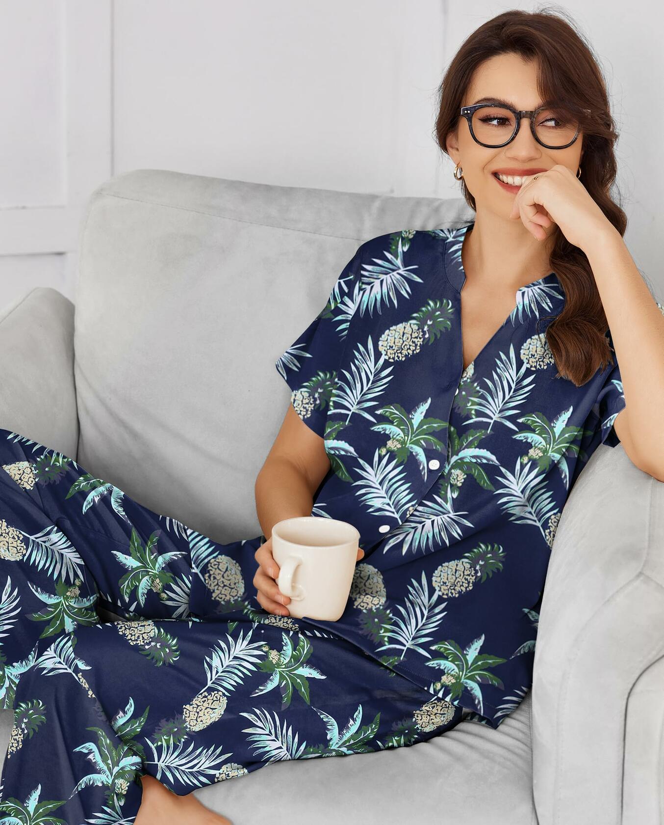 Ekouaer Women Pajamas Set Button Down Short Sleeve Navy Size Small