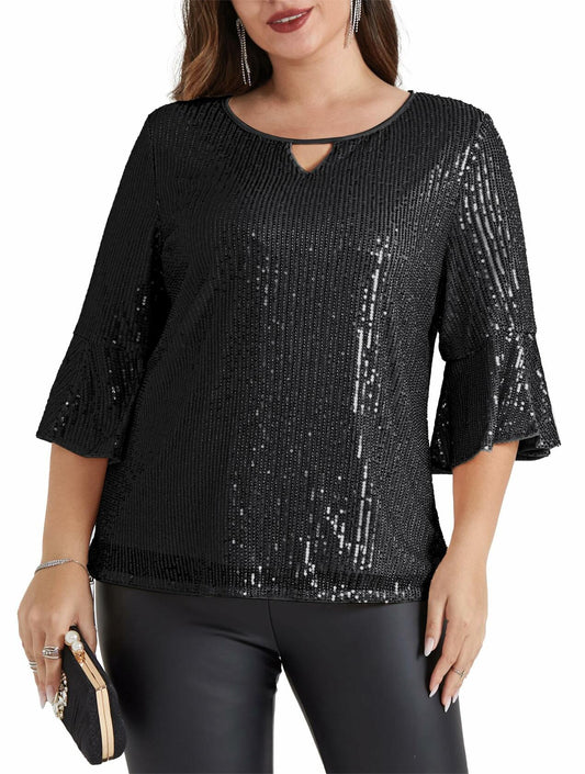 Hanna Nikole Women's Sequin Party Blouse Crew Neck 3/4 Sleeve Black Size 24Plus