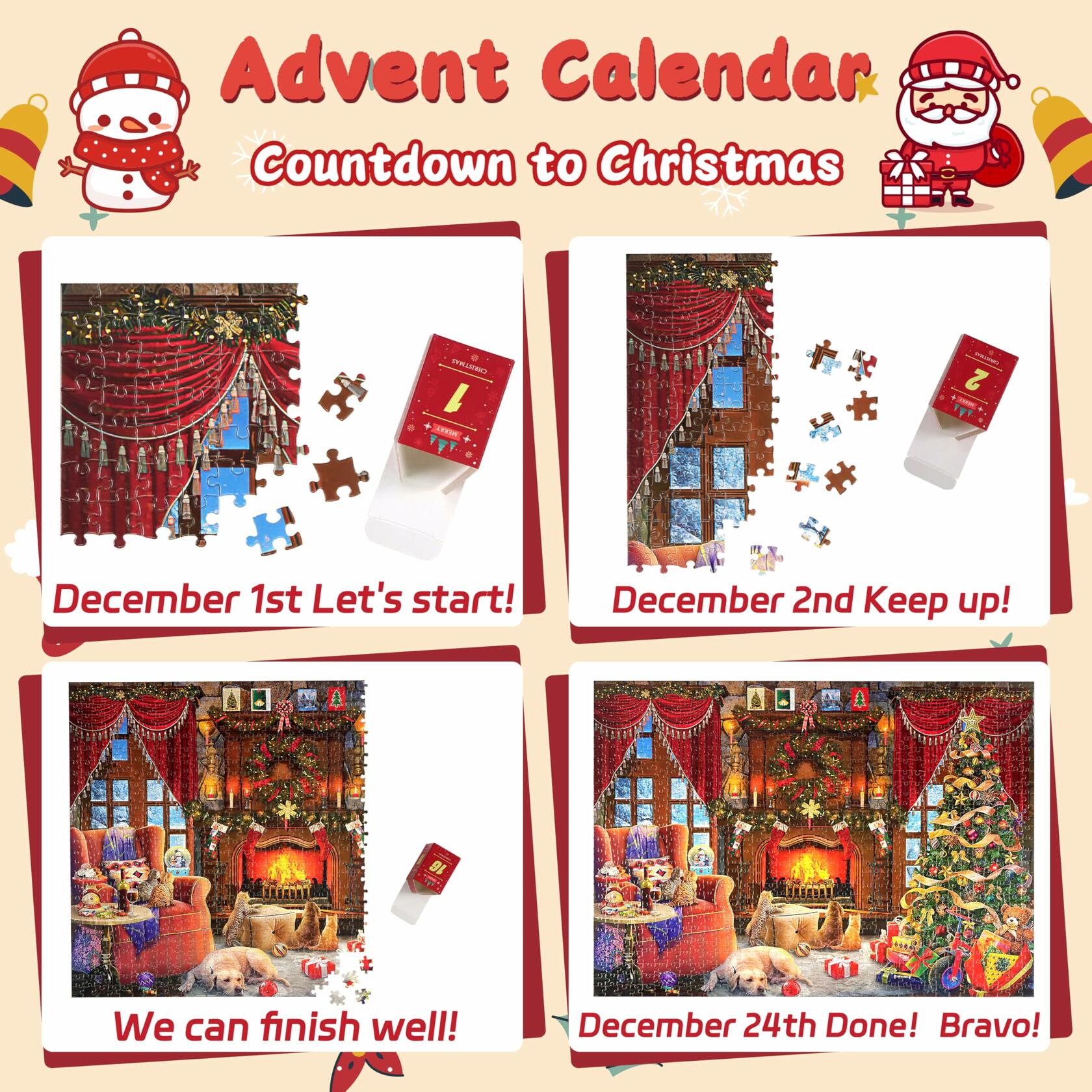 Christmas Puzzle Advent Calendar 2025 Fireplace 1008 Pieces 24 Parts