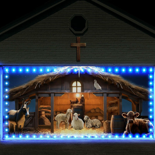 Ganeen 6.4x16ft LED Christmas Garage Door Banner Rustic Nativity Farm