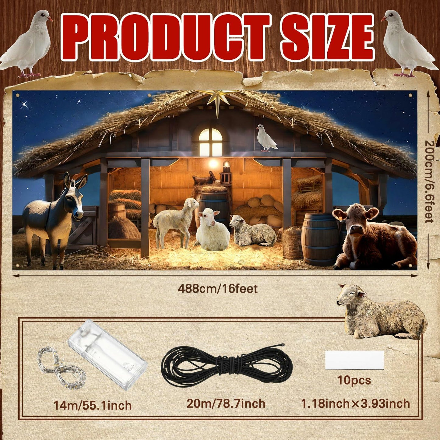 Ganeen 6.4x16ft LED Christmas Garage Door Banner Rustic Nativity Farm