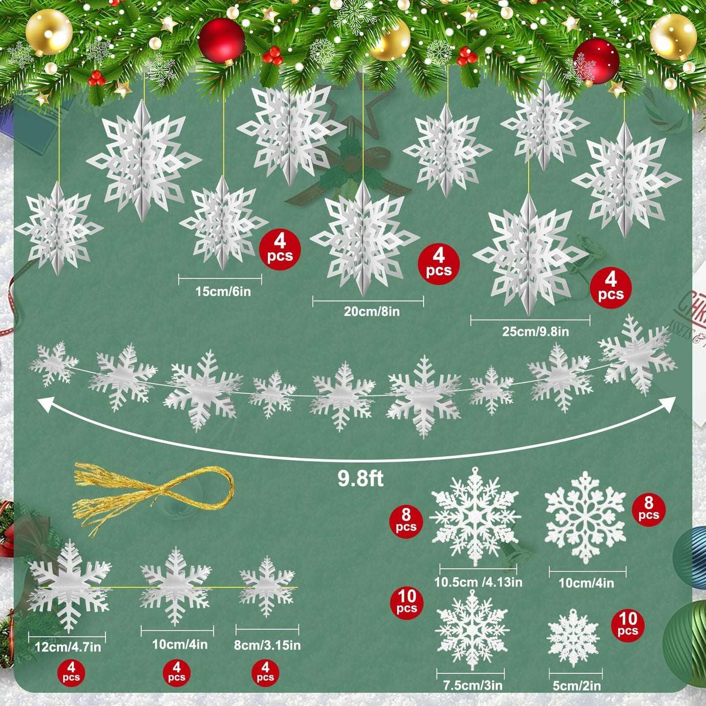 Fullhawl 3D Snowflake Christmas Ornaments Set 12 Pcs White Hanging Decor