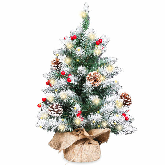 Mini Christmas Tree 2FT with Lights White Flocking Snow Berries Wood Base