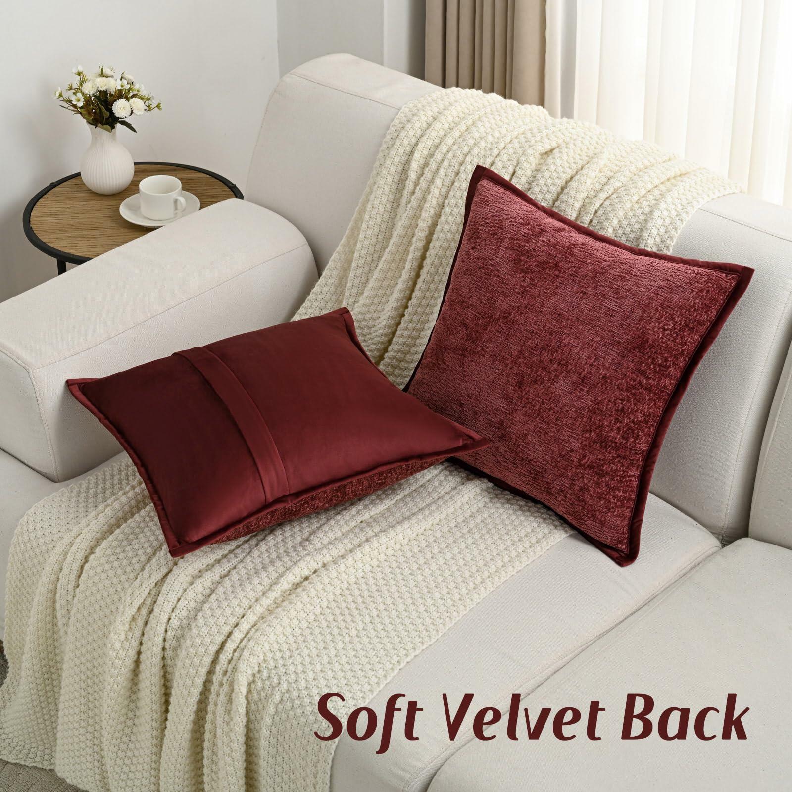 FUTEI Burgundy Chenille Throw Pillow Covers 22x22 Inch Set of 2 Soft Cozy