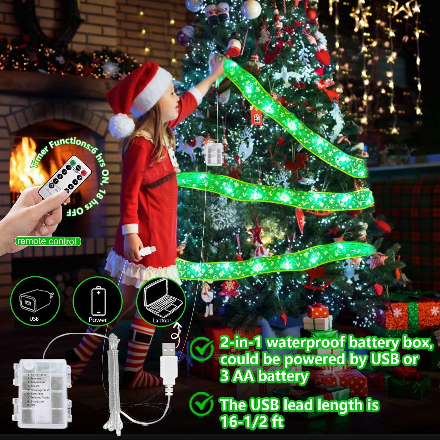 Vloso Christmas Tree Ribbon Lights 66Ft 200 LED Remote Timer Battery USB