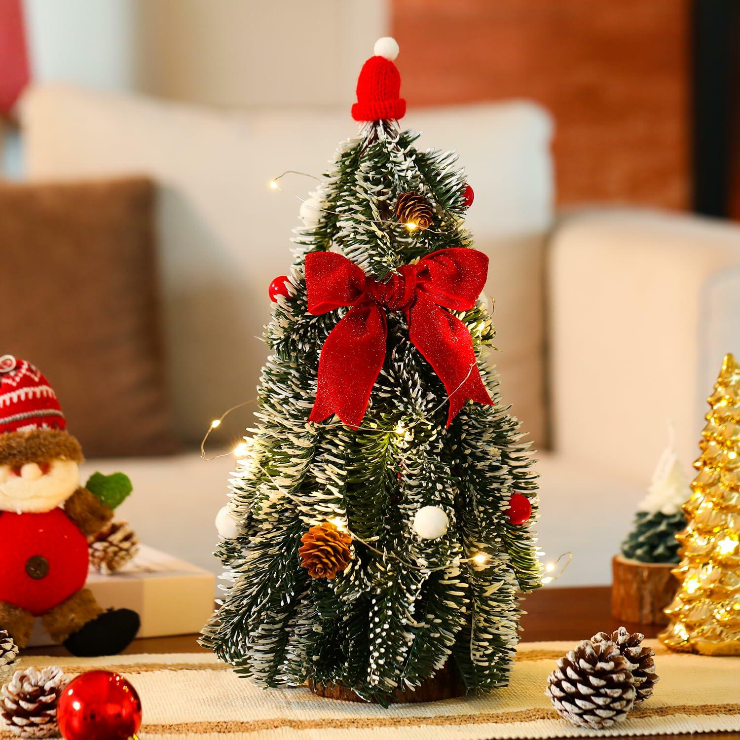 HOMCDALY 16in LED Tabletop Christmas Tree with Red Bowtie Indoor Decor