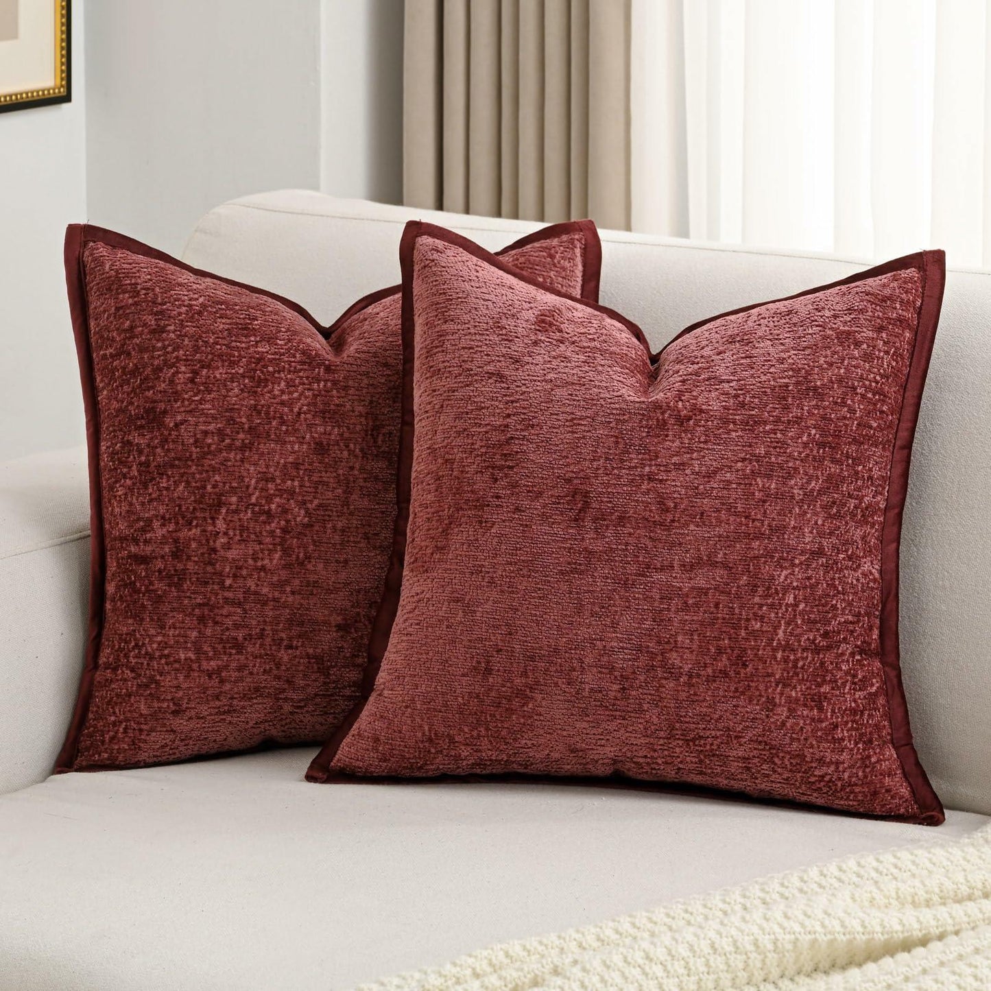 FUTEI Burgundy Chenille Throw Pillow Covers 22x22 Inch Set of 2 Soft Cozy