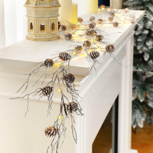 Jutom Christmas Pine Cone Garland with Lights 5.41ft Snowy Flocked Decor
