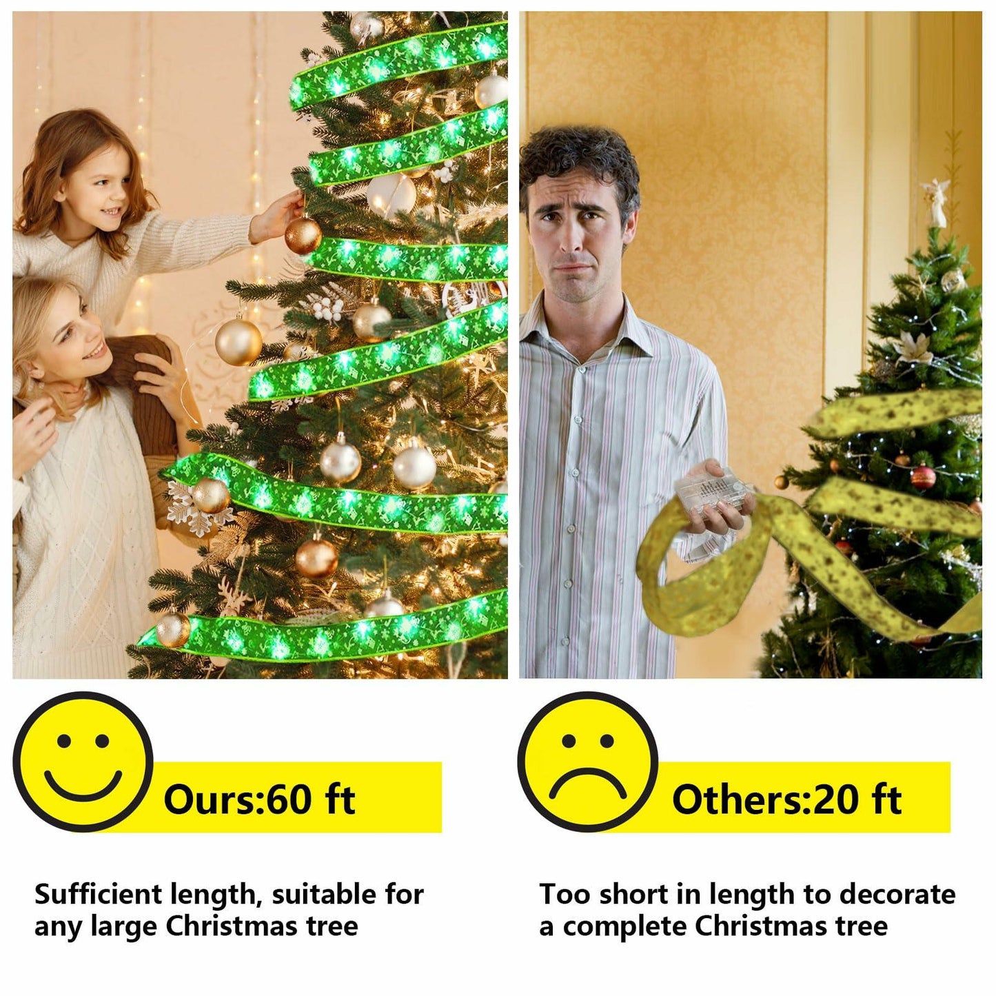 Vloso Christmas Tree Ribbon Lights 66Ft 200 LED Remote Timer Battery USB