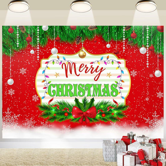 Merry Christmas Backdrop Red Green Balls Leaves Party Decoration 7x5Ft