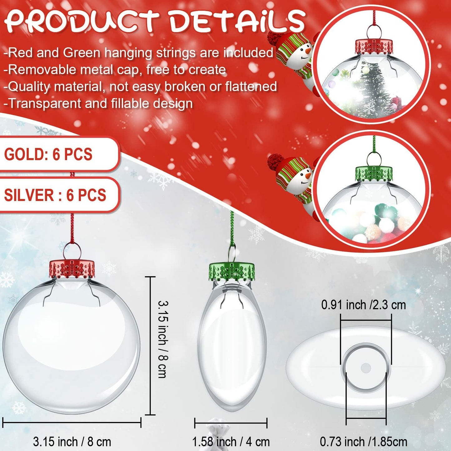 Sumind 12pcs Clear Fillable Christmas Ornament Balls 3.15in Red Green