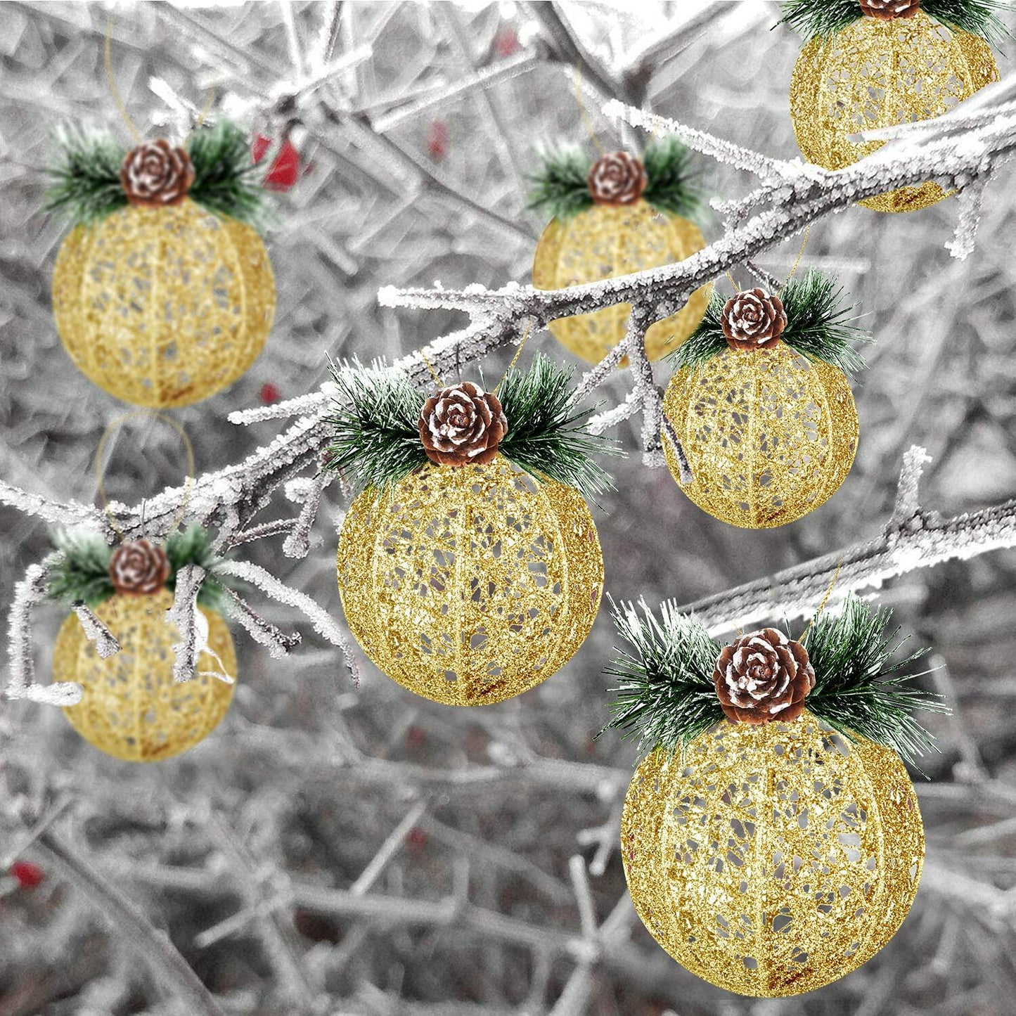 Christmas Ball Ornaments 4pc Set Champagne Pinecone Rattan String Decor