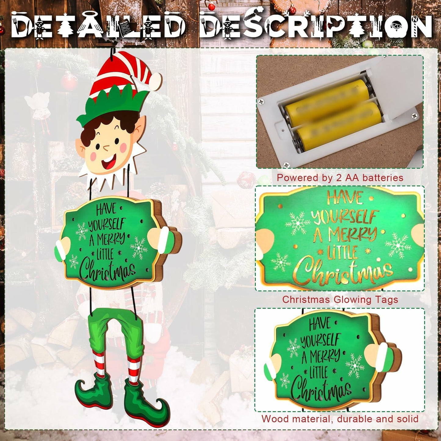[Like New] Elf Boys Hanging Sign with Lights Wooden Christmas Decor Indoor Outdoor