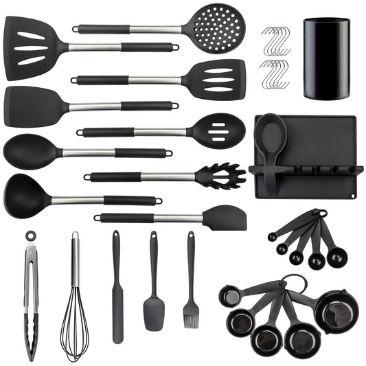 [Like_new] LeMuna Silicone Kitchen Utensils Set Heat Resistant BPA Free Black Stainless