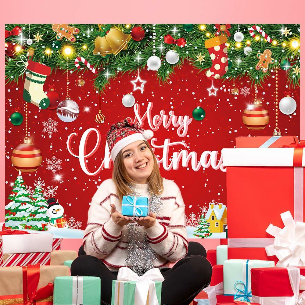 Merry Christmas Backdrop Red Snowflake Santa Claus Xmas Tree 7x5Ft