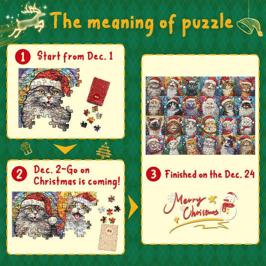 PICKFORU Cat Mosaic Stained Glass Christmas Puzzle Calendar 2024 1000pcs