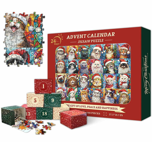 PICKFORU Cat Mosaic Stained Glass Christmas Puzzle Calendar 2024 1000pcs