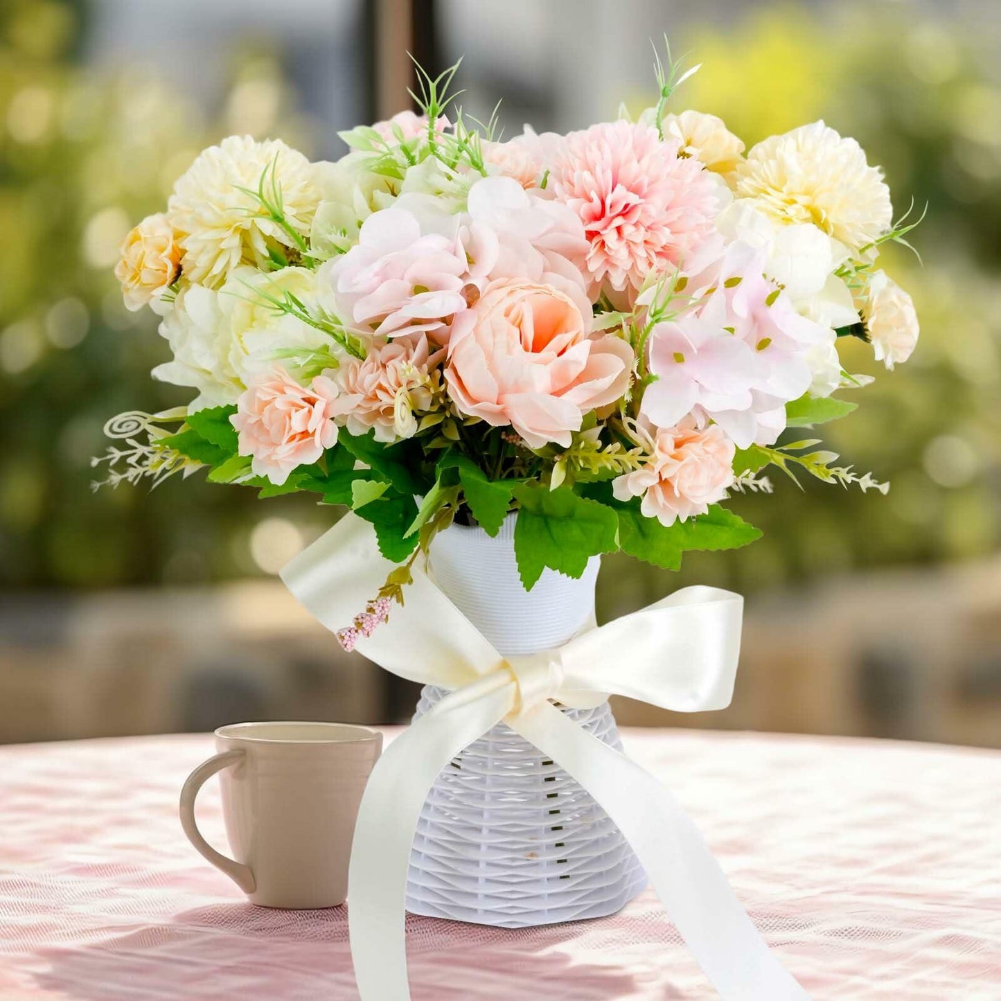 MOAMUN 4 Bundles Artificial Peony Hydrangea Silk Flowers White Bouquet